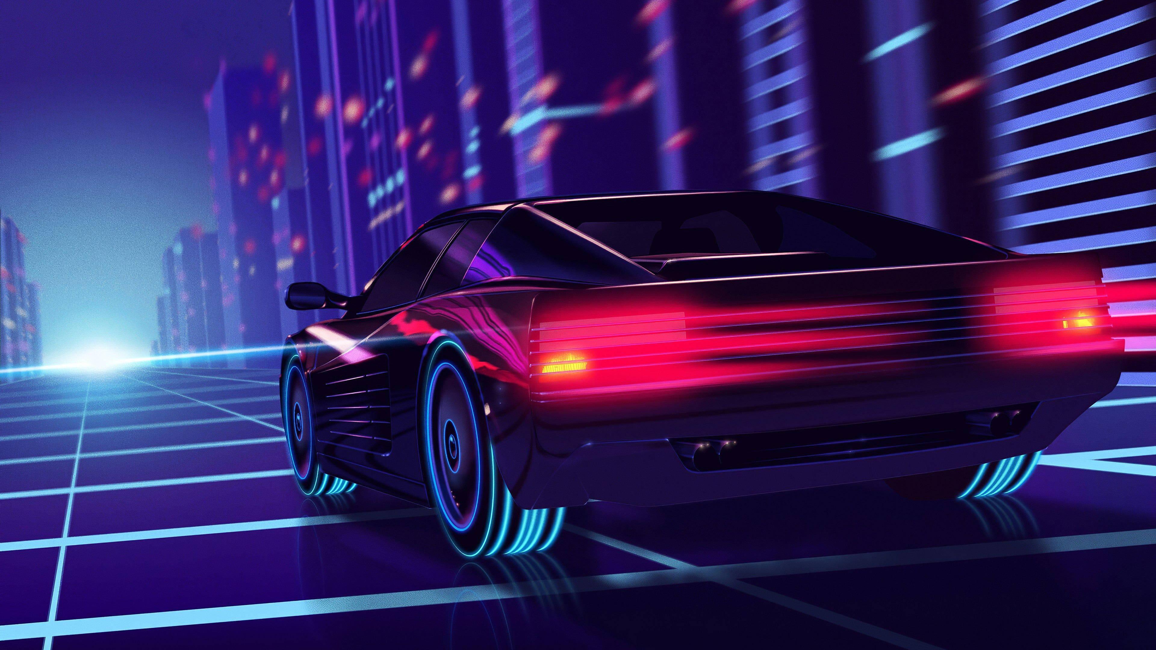 4K Neon Car At Neon City — 3840x2160 wallpaper