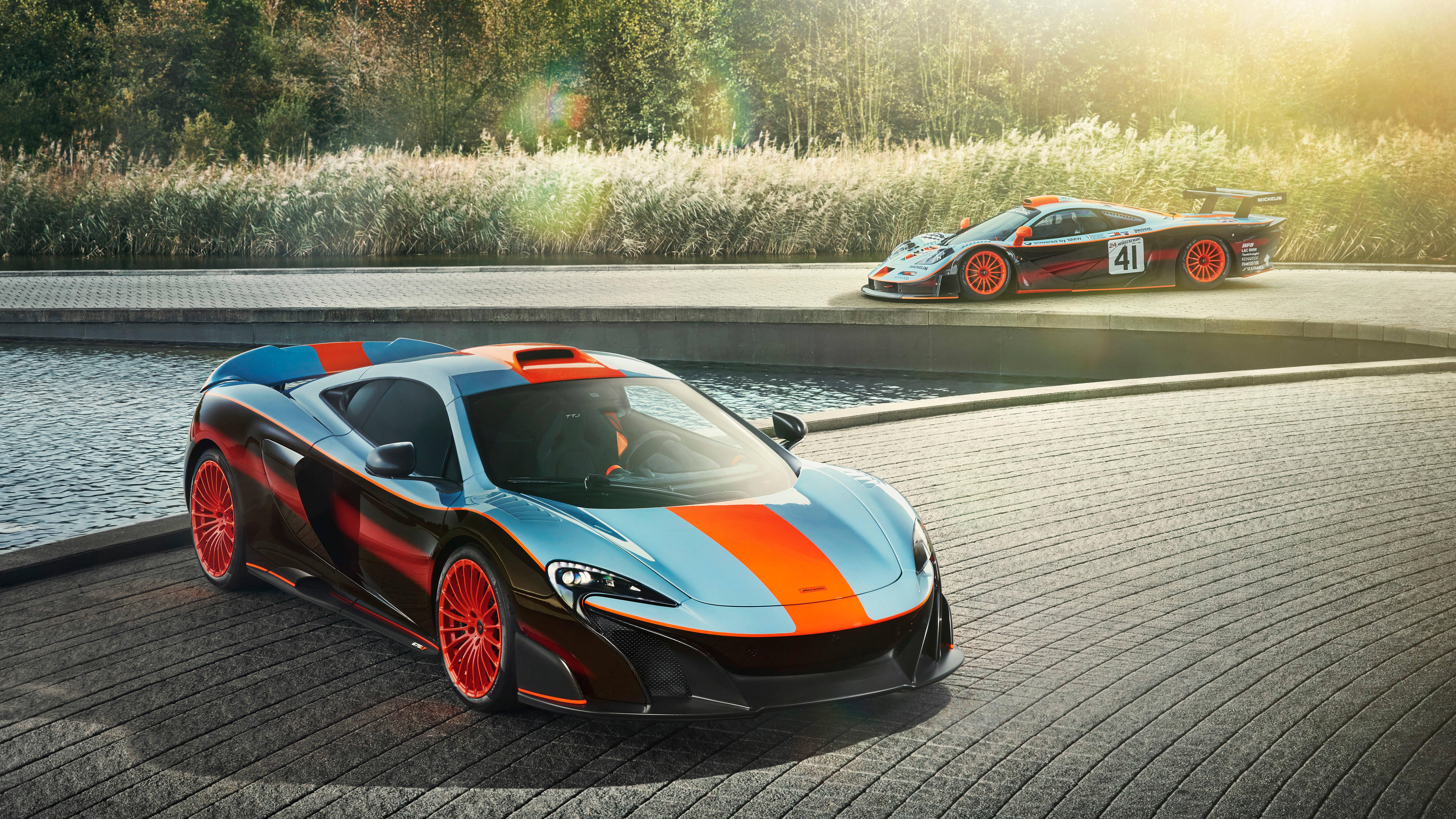 4K Orange And Silver Car By Water — 7680x4320 wallpaper