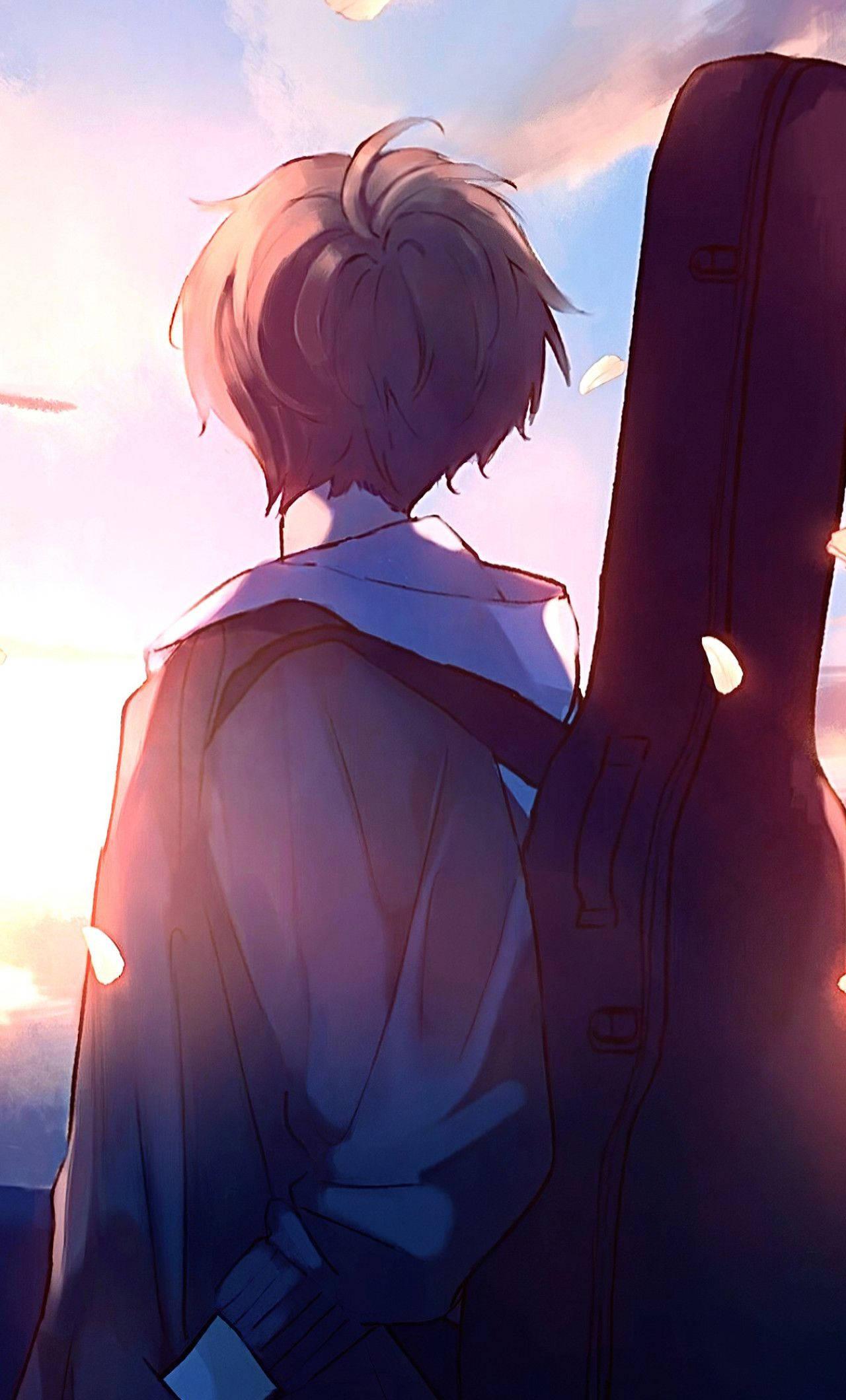4K Phone Background Anime Boy With Guitar Case — 1280x2120 wallpaper