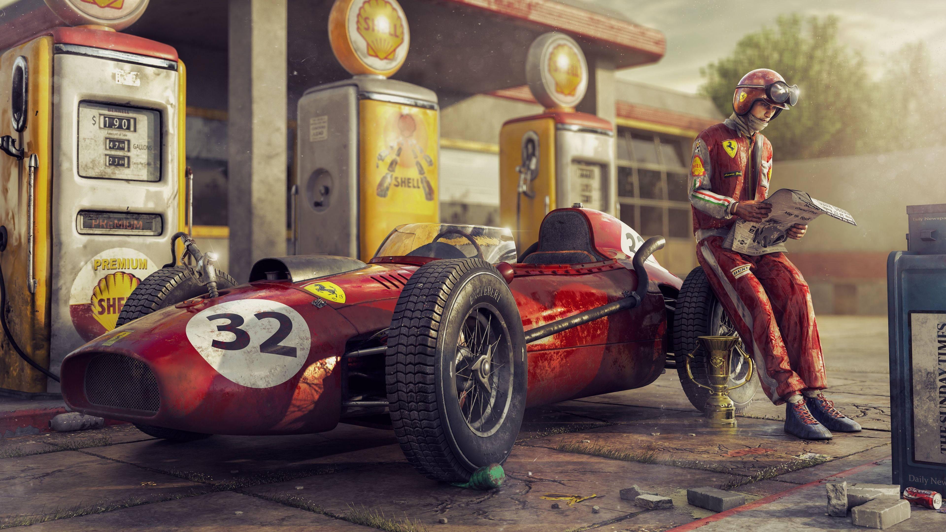 4K Racing Car At Gas Station — 3840x2160 wallpaper
