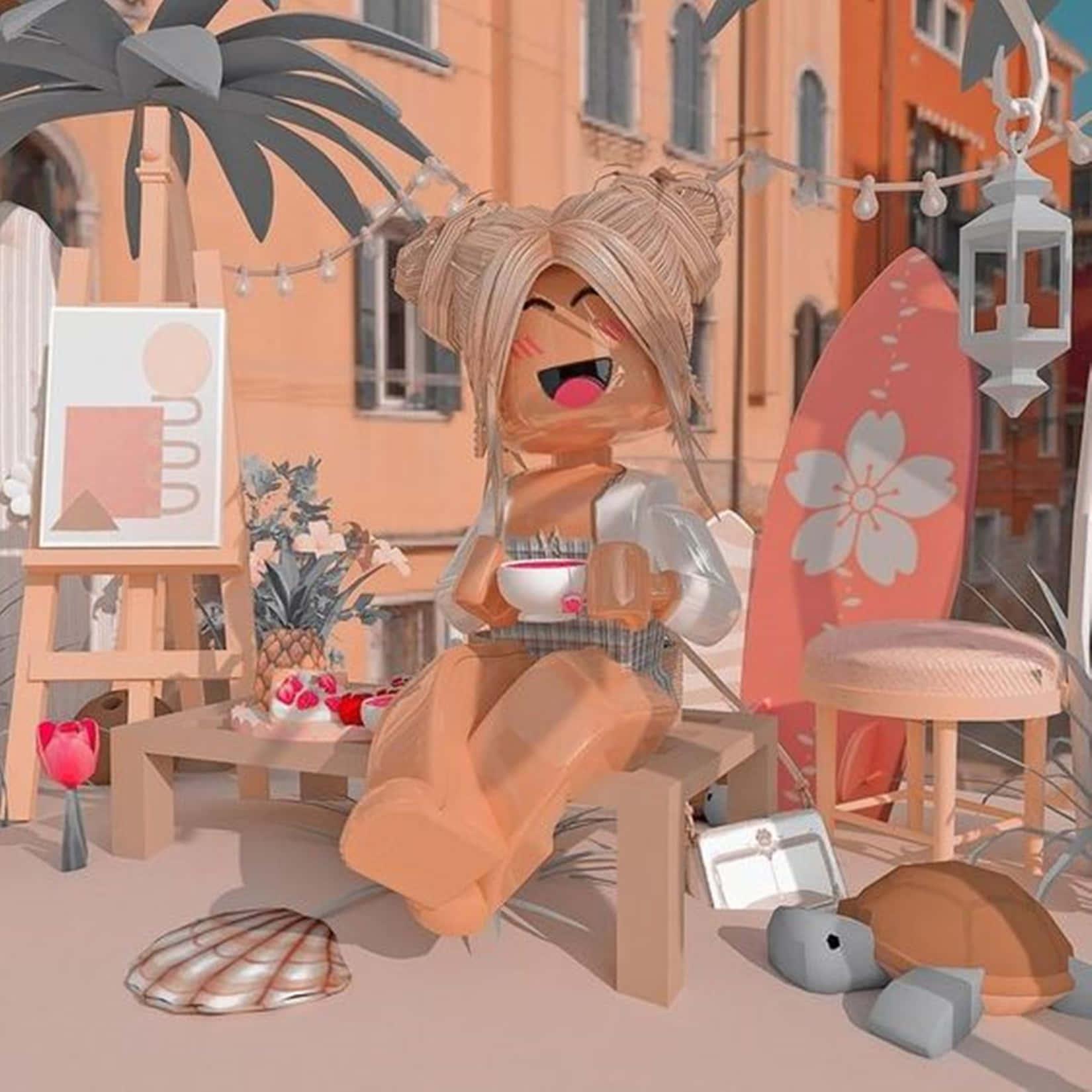 a 3d model of a girl sitting on a bench — 1650x1650 wallpaper