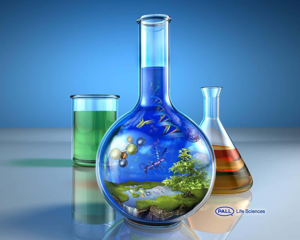 a beaker with a blue background and a blue liquid