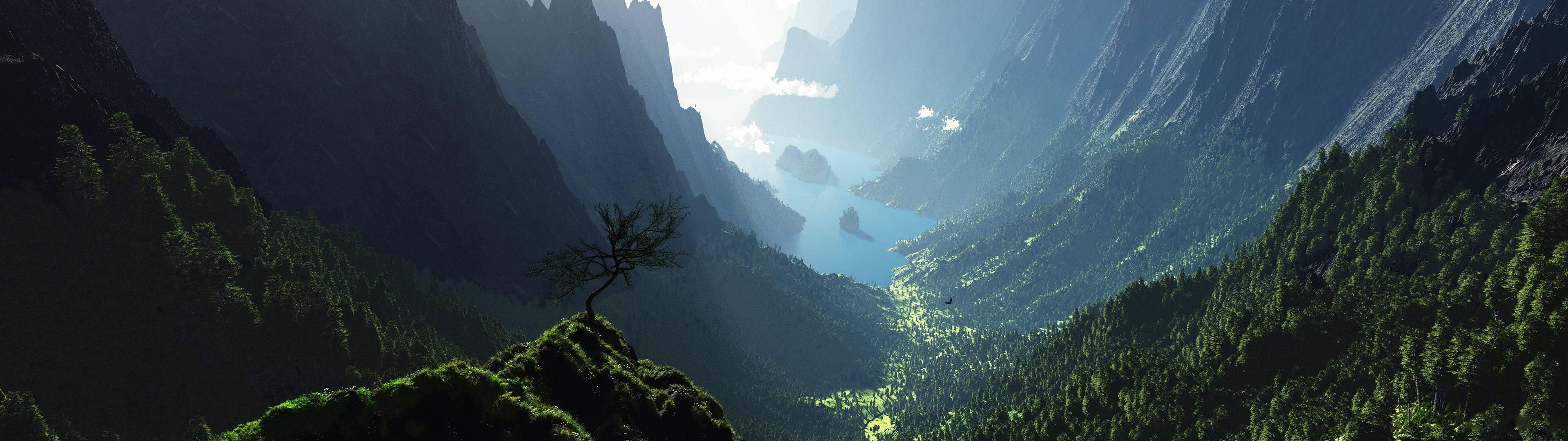 A Beautiful Mountain Valley View From Two Screens — 3840x1080 wallpaper
