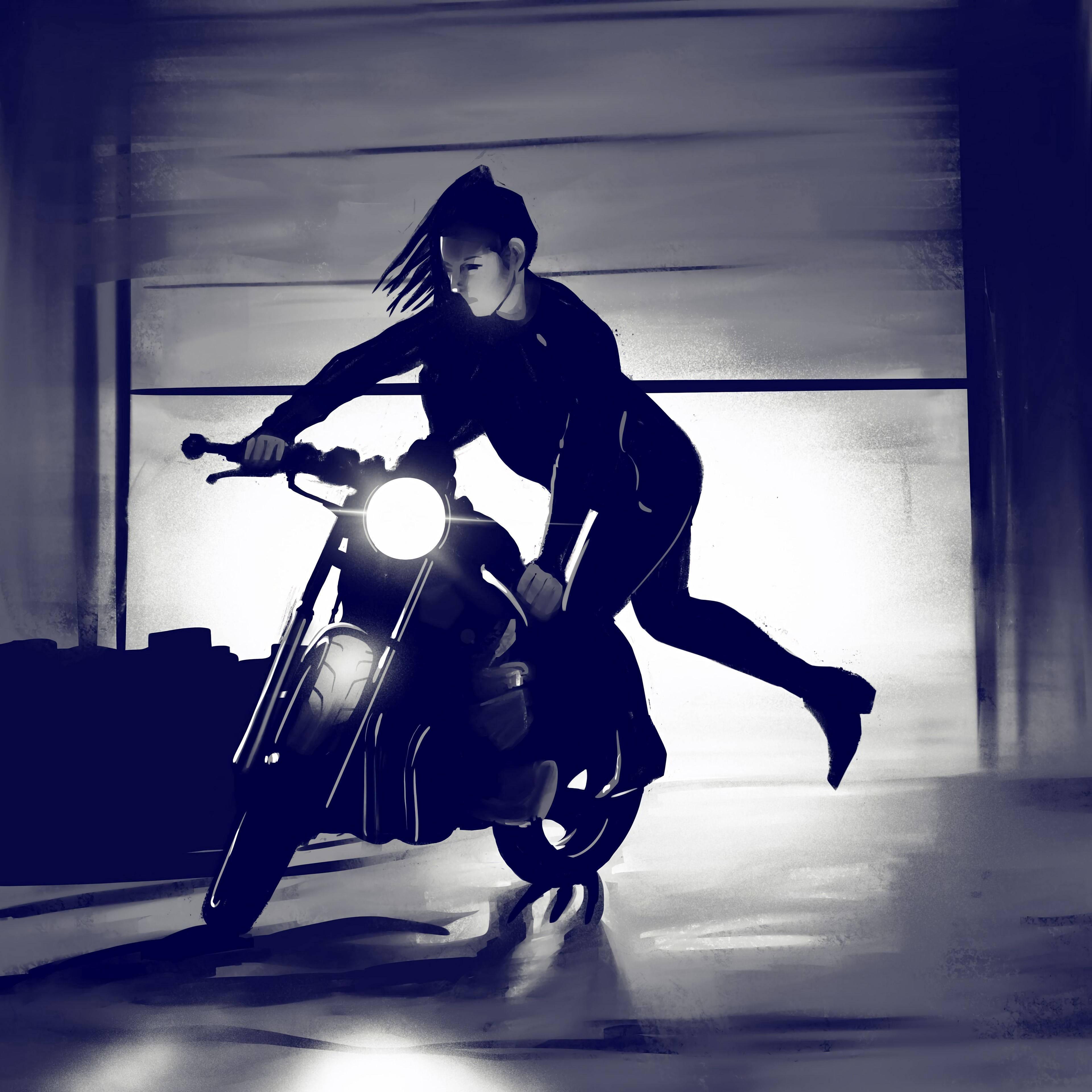 A Biker Girl Escapes the City — 3840x3840 wallpaper
