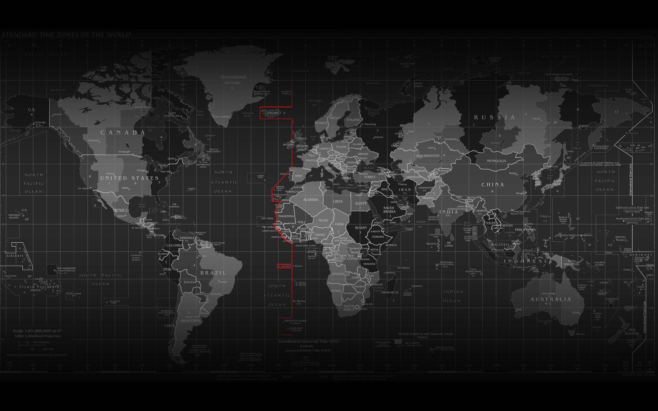 A Black and Gray Timezone World Map — 2560x1600 wallpaper