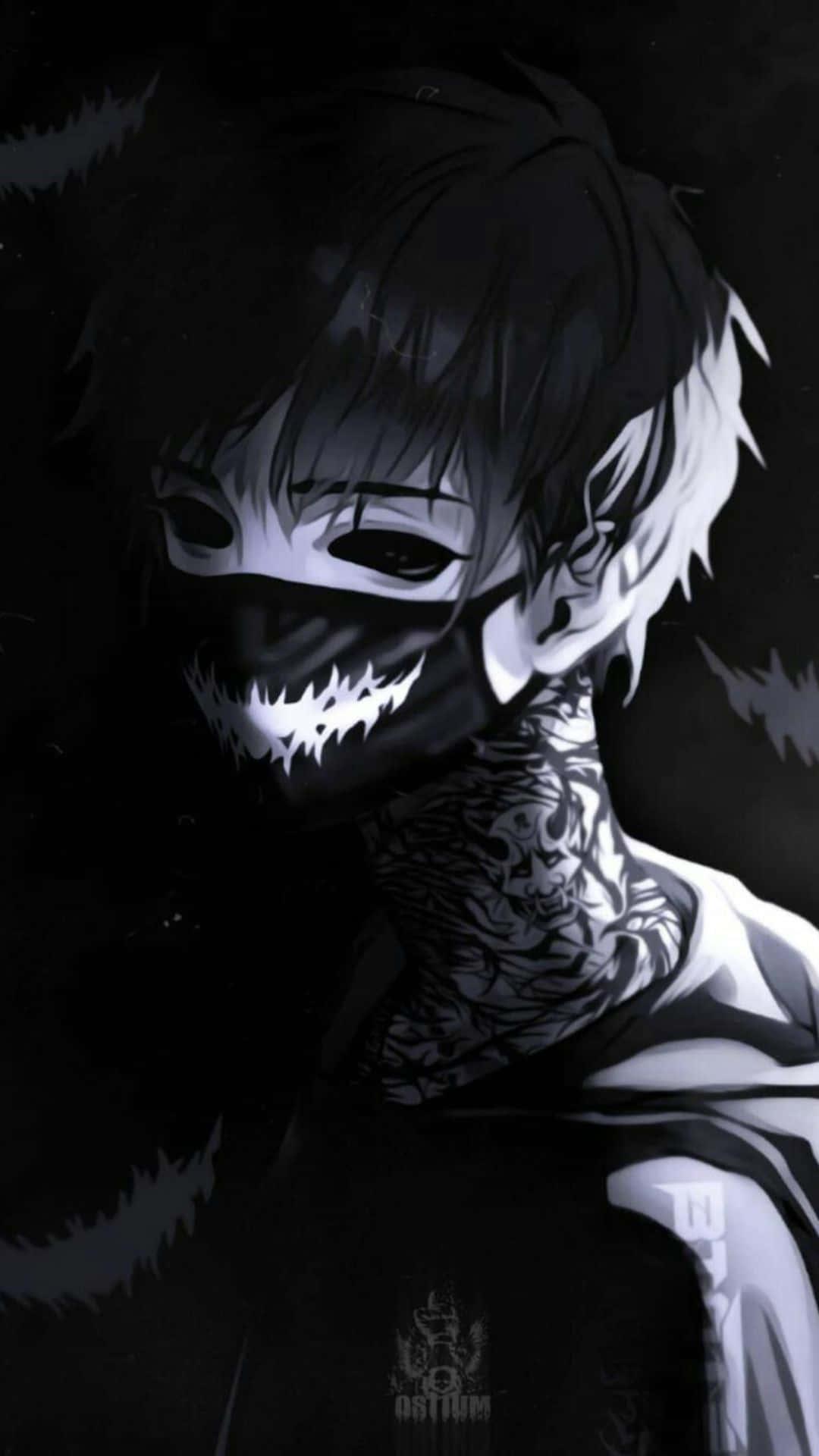 a black and white image of a man with a mask on