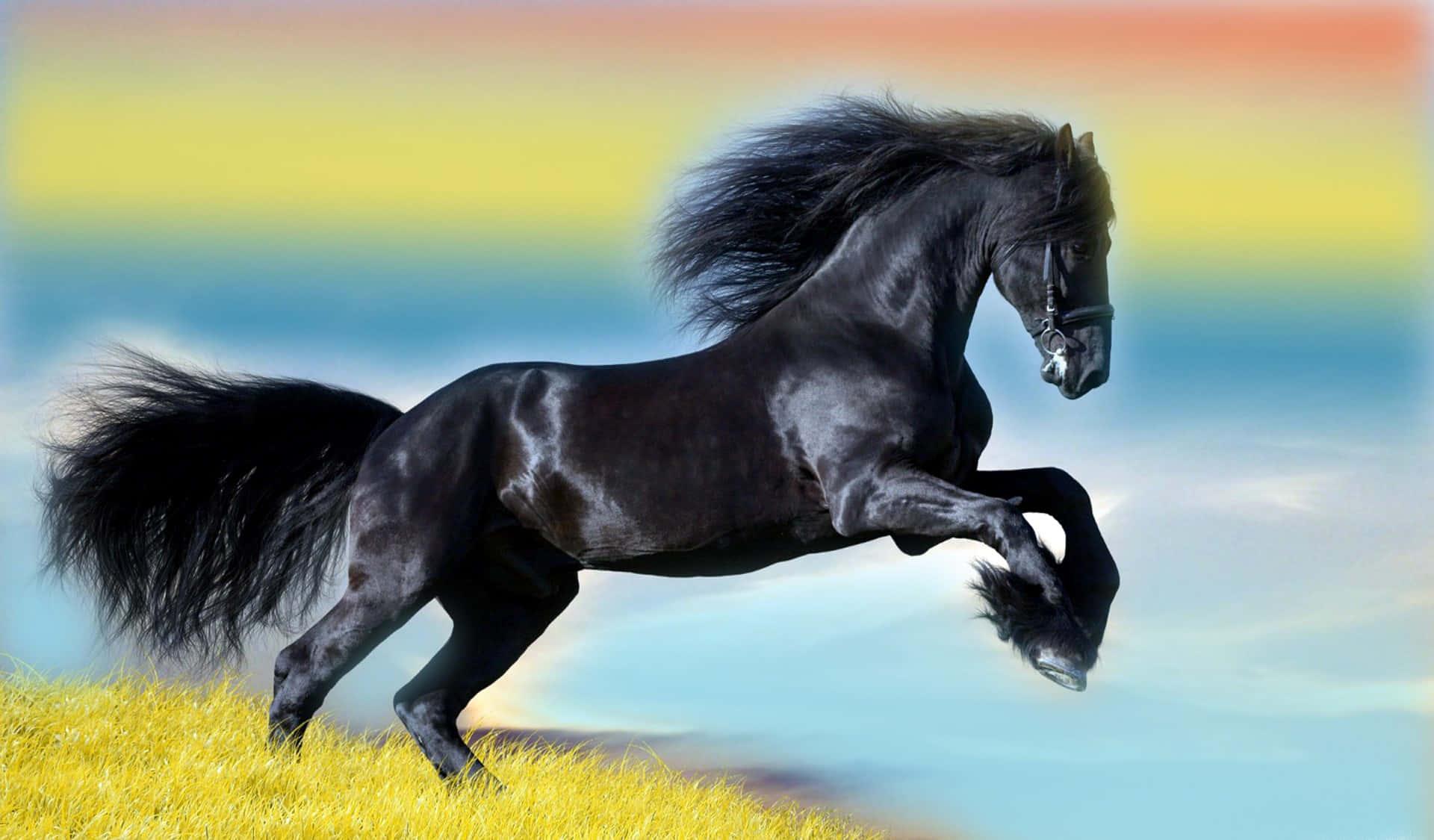a black horse running in a field with a rainbow background — 1920x1125 wallpaper