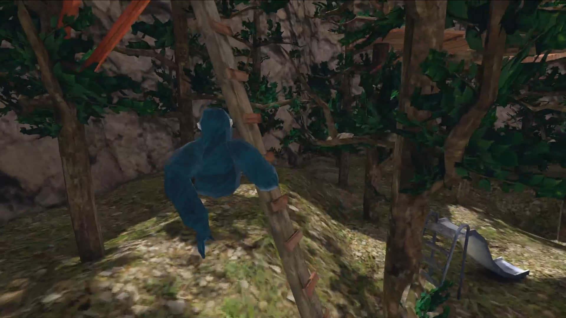 a blue monkey is climbing a tree in a video game — 1920x1080 wallpaper