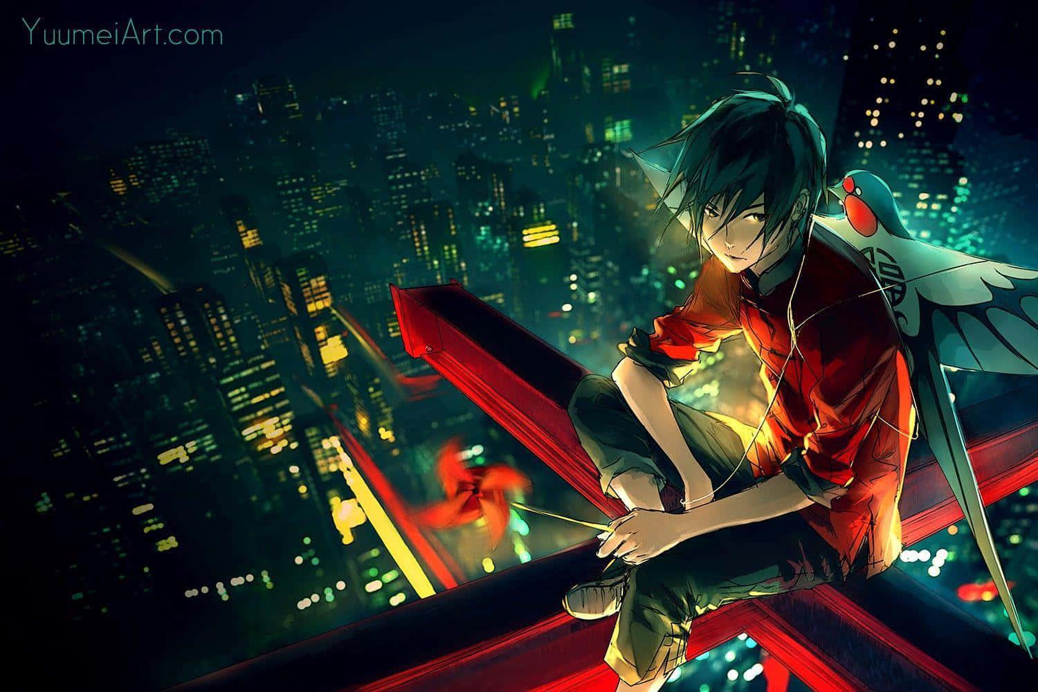 a boy sitting on top of a building at night — 1500x1000 wallpaper