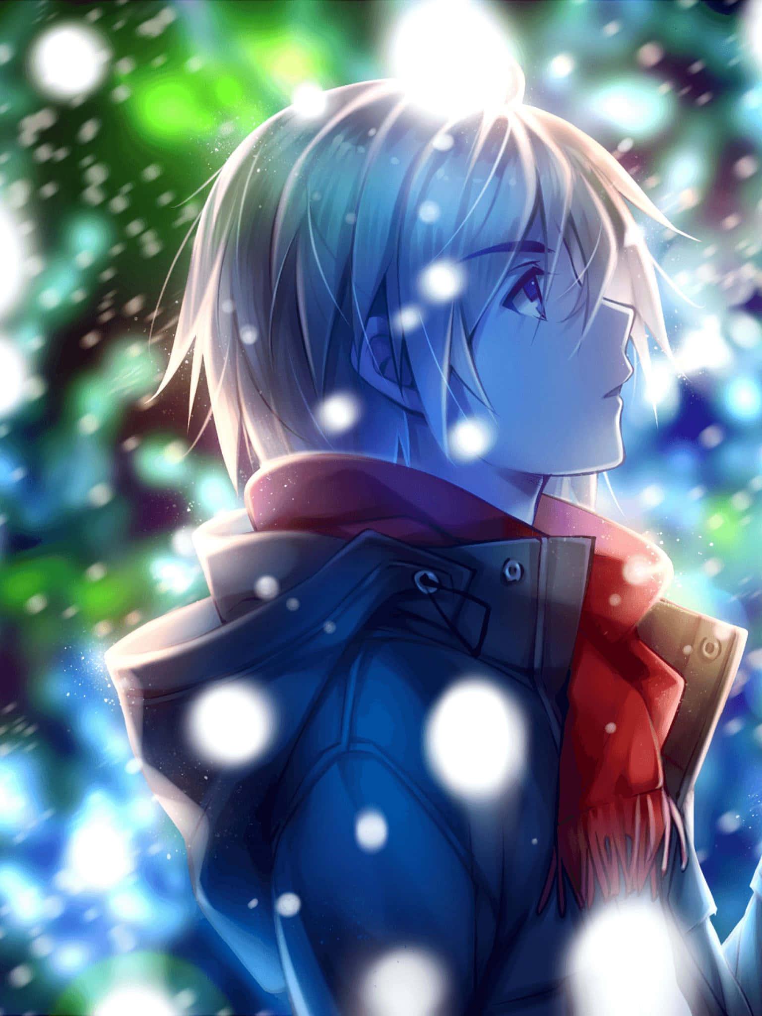 a boy with blue hair and a scarf looking at the snow