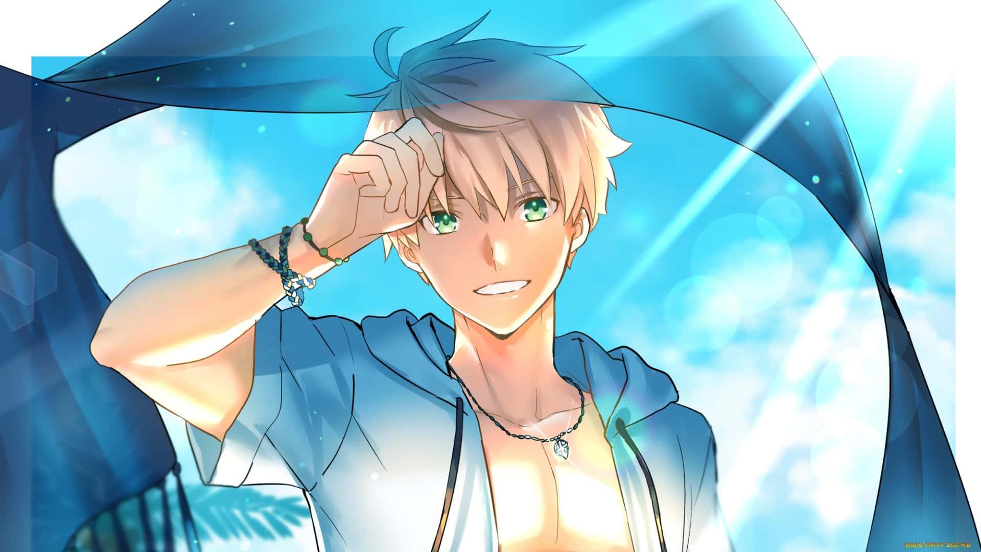 a boy with blue hair and green eyes — 1920x1080 wallpaper