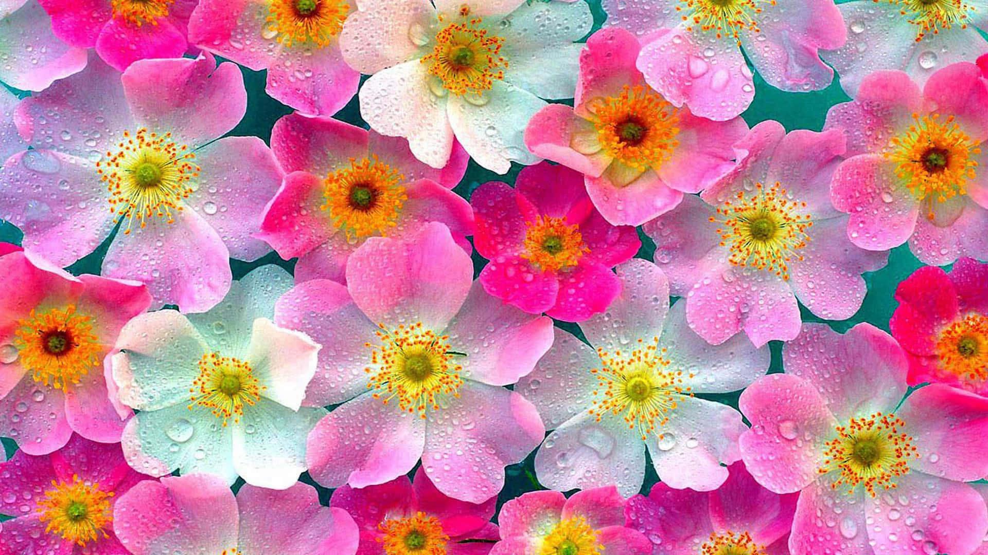 a bunch of pink and yellow flowers with water droplets — 1920x1080 wallpaper
