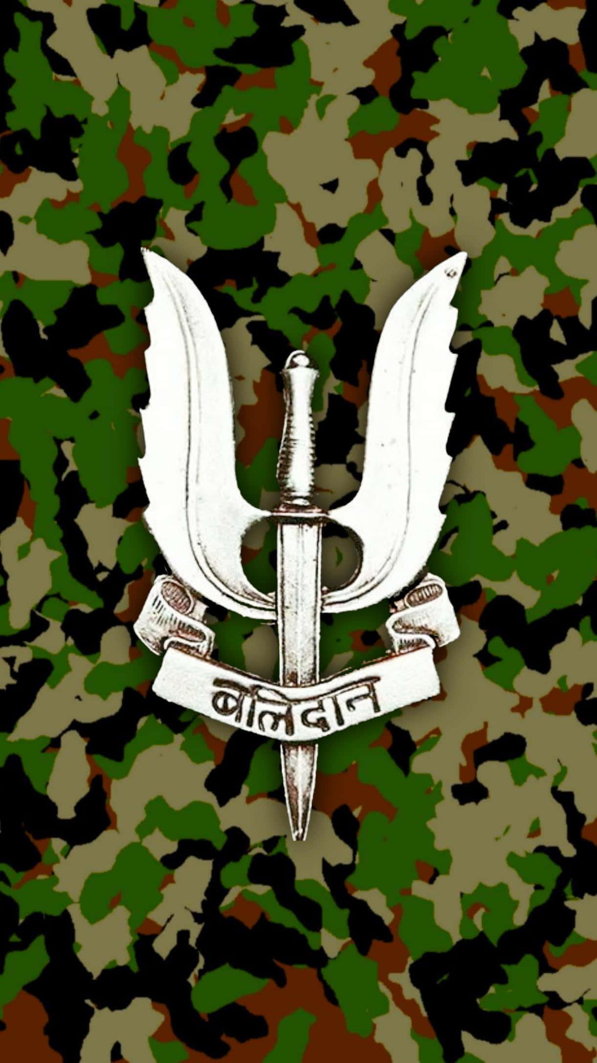 a camouflage background with an indian army emblem — 1221x2172 wallpaper