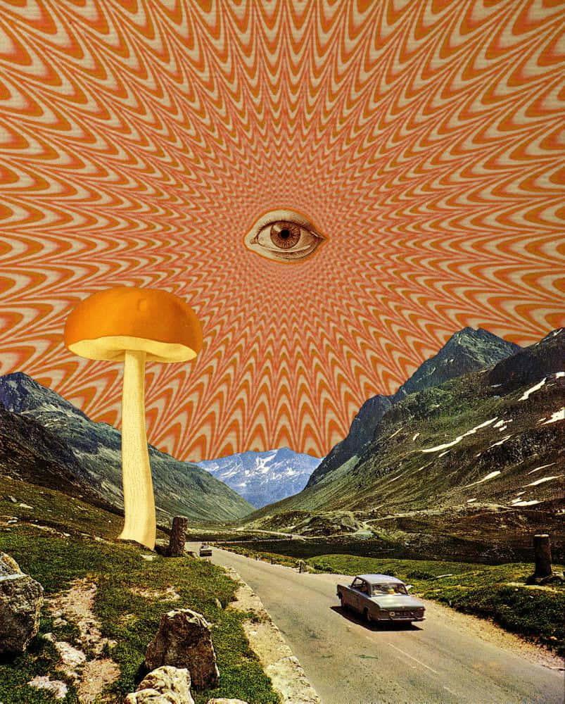 a car driving down a road with a mushroom in the background — 803x1000 wallpaper
