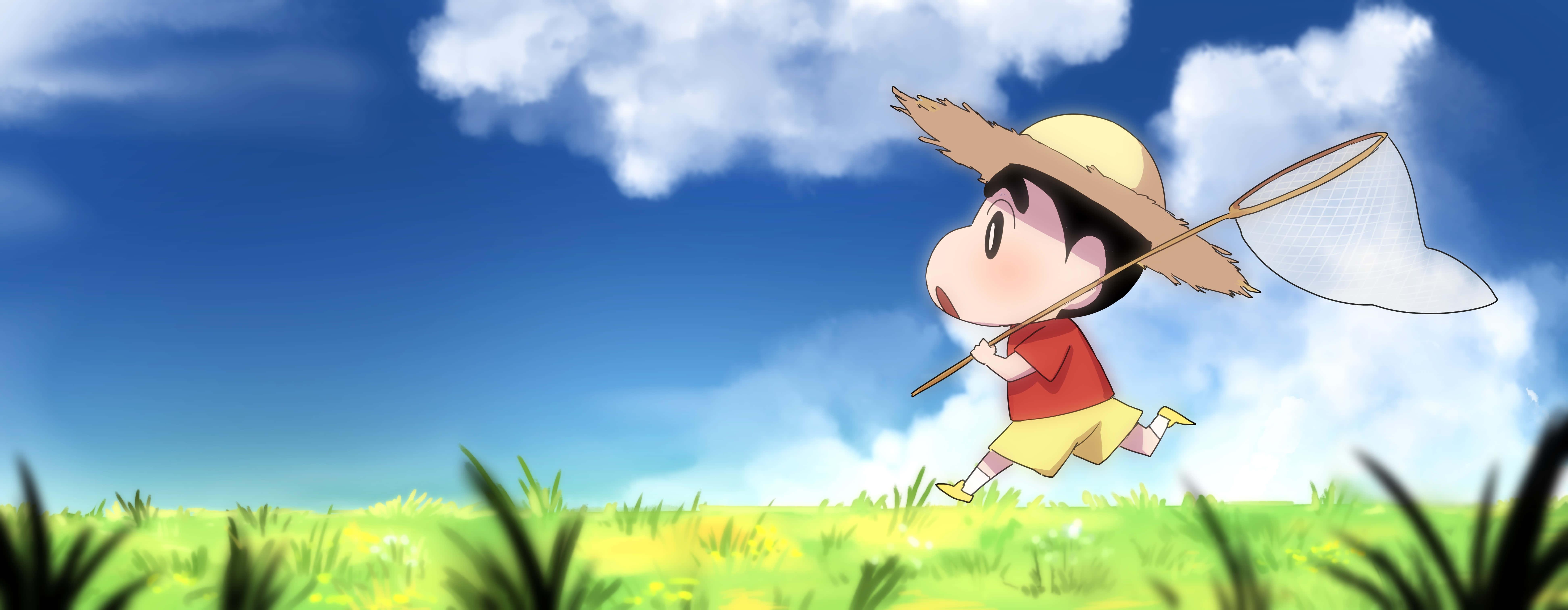 a cartoon boy is walking through a field with a net — 7776x3024 wallpaper