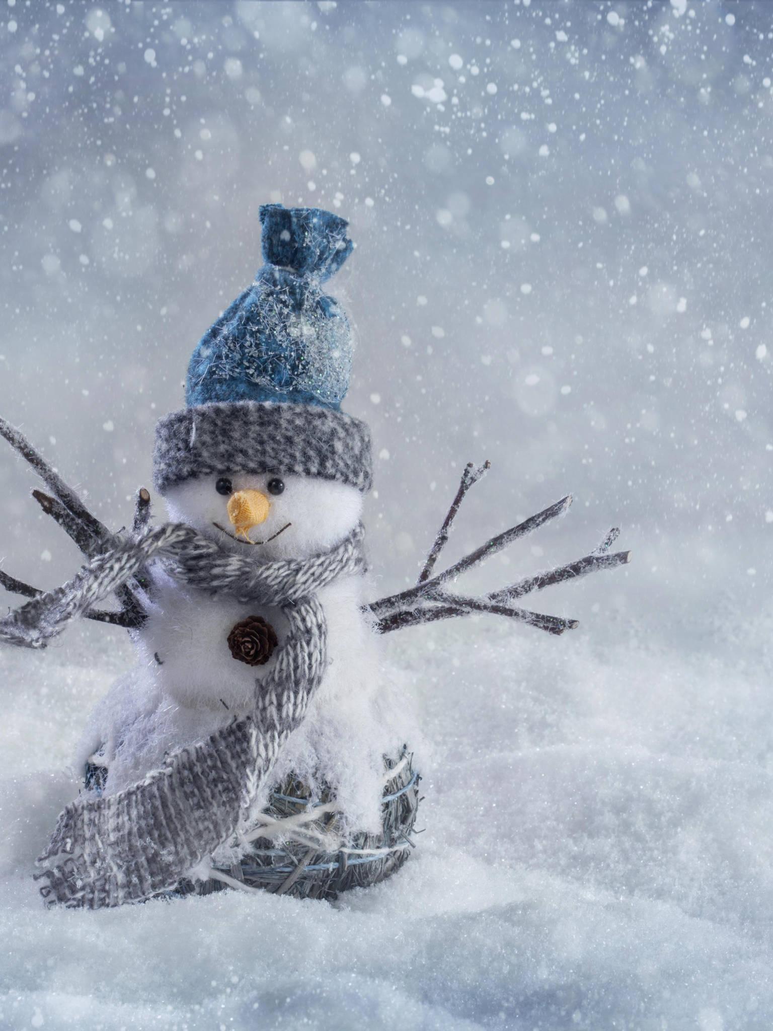 A Charming Winter Scene with a Little Snowman on an iPhone — 1536x2048 wallpaper