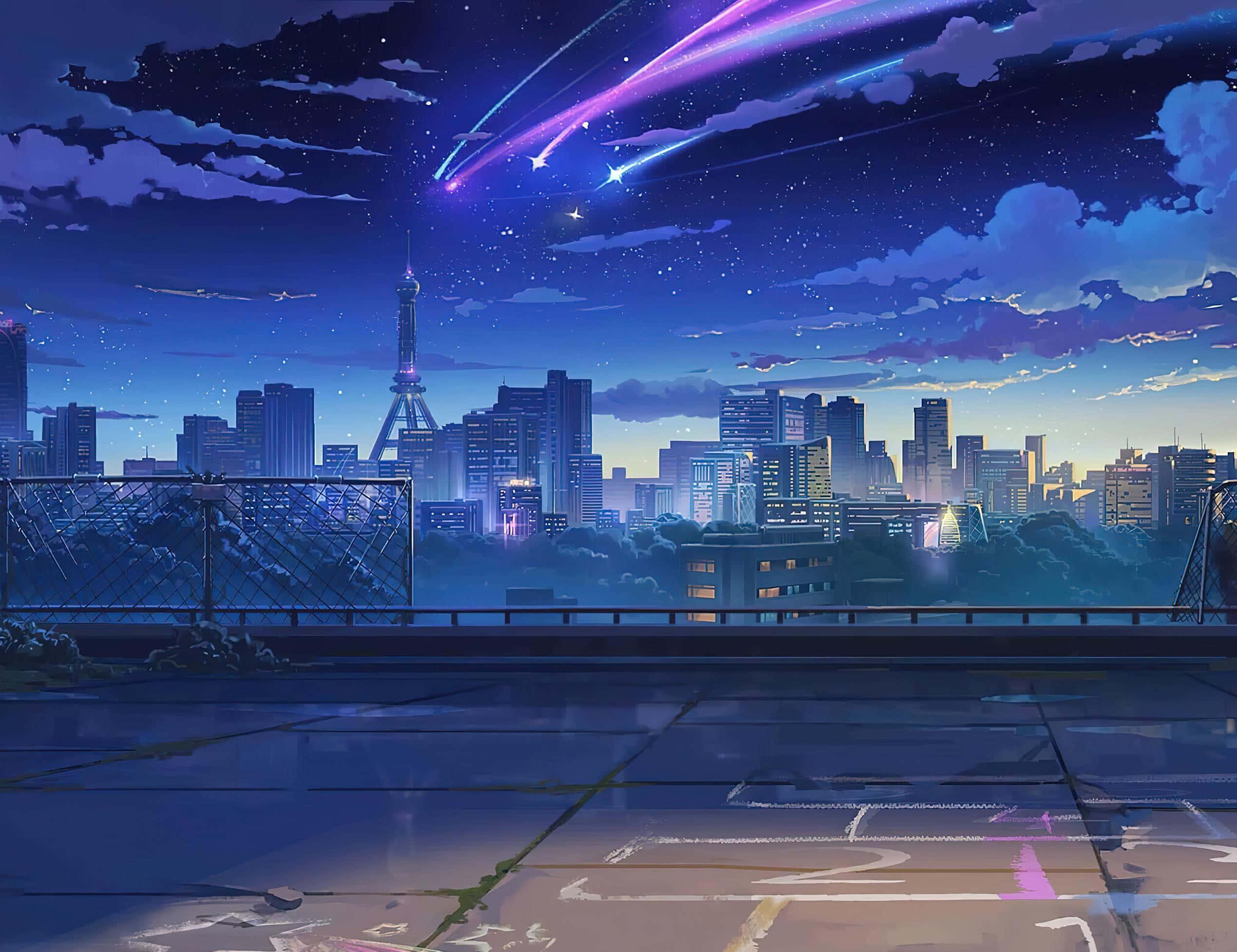a cityscape with a rocket in the sky — 2539x1955 wallpaper