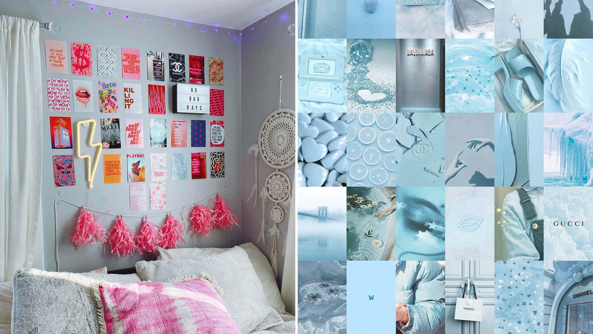a collage of pictures of a bedroom with blue and white decor — 1920x1080 wallpaper