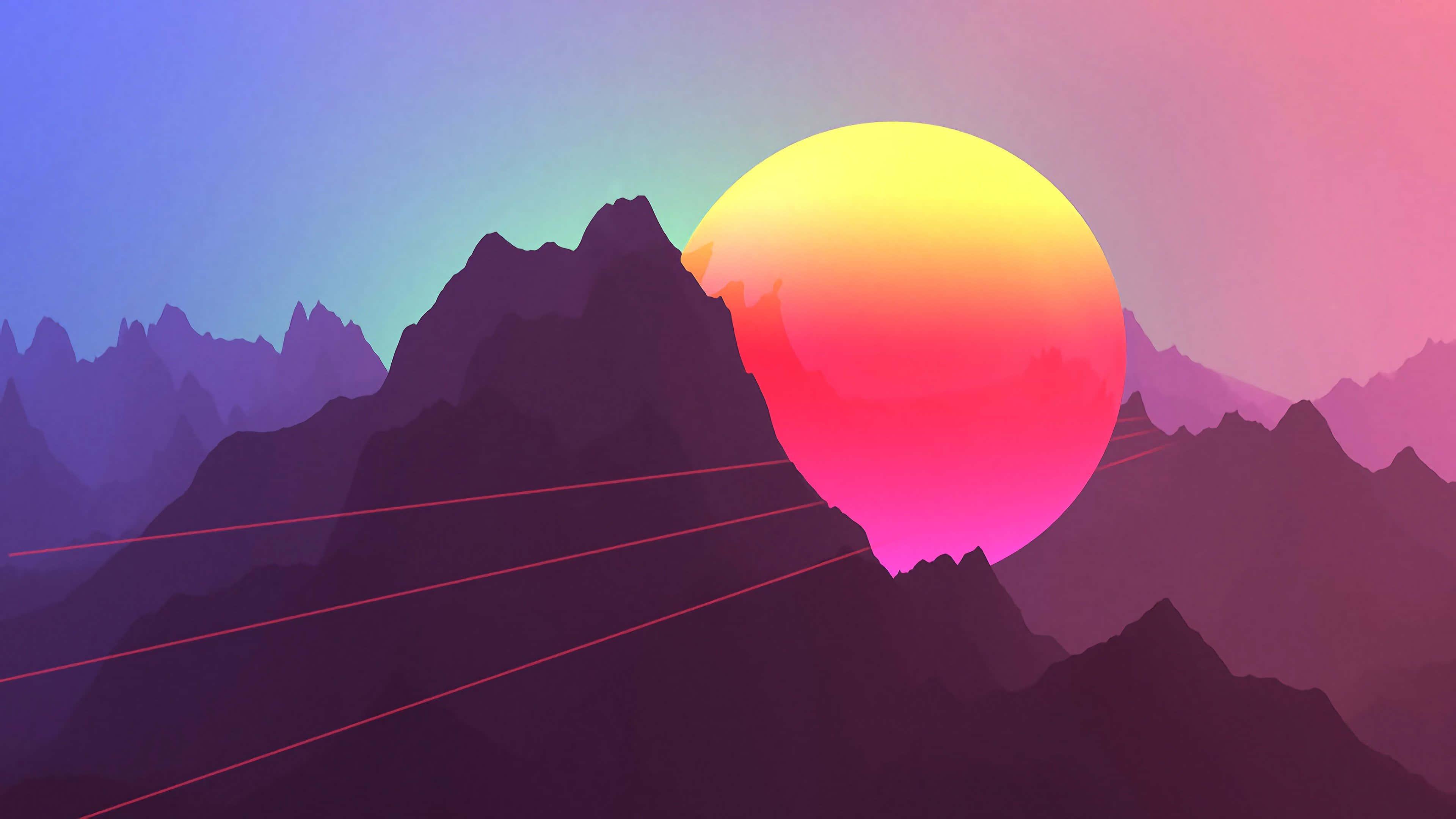 a colorful abstract image of mountains and a sun — 3840x2160 wallpaper