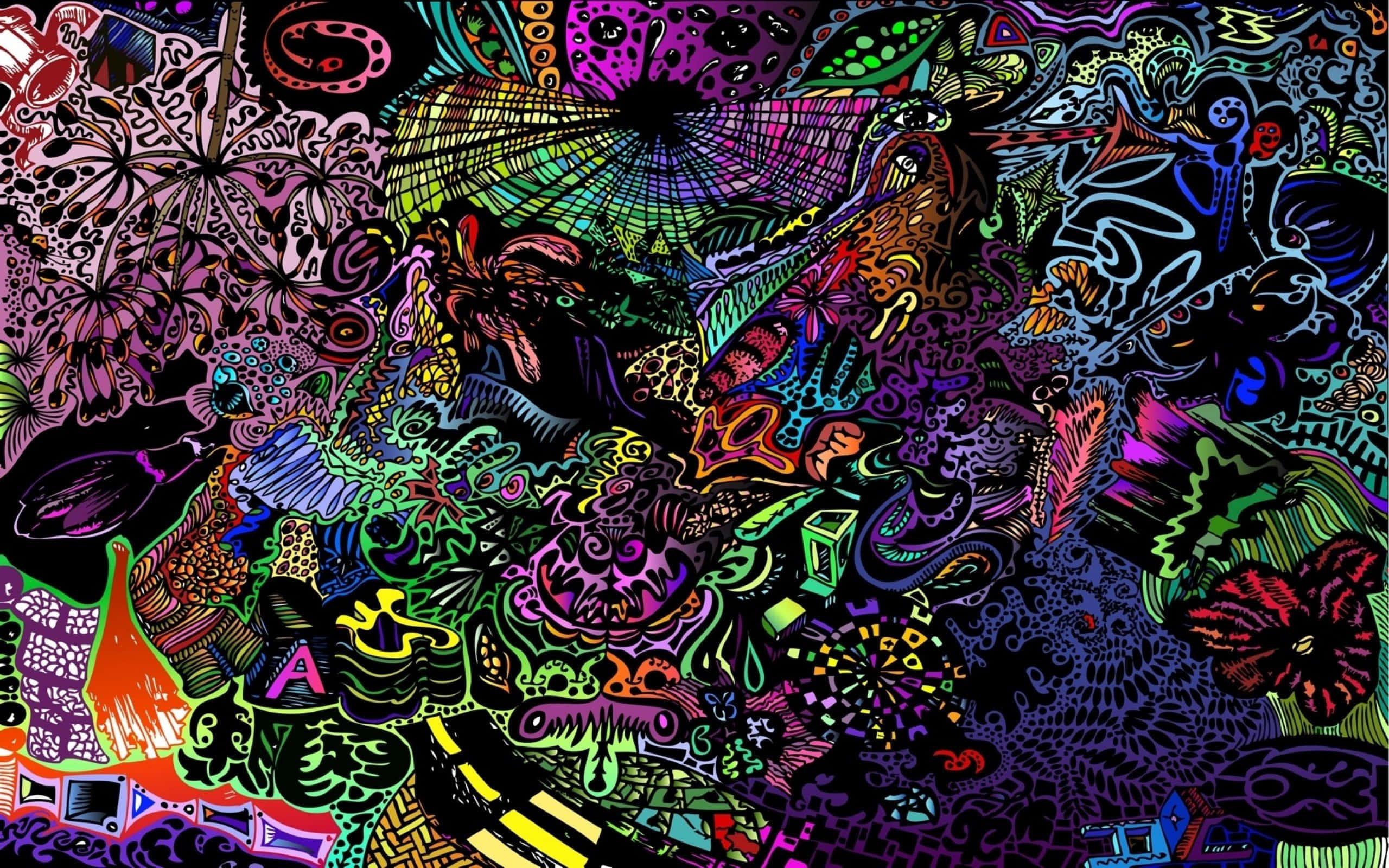 a colorful drawing of a psychedelic scene — 2560x1600 wallpaper