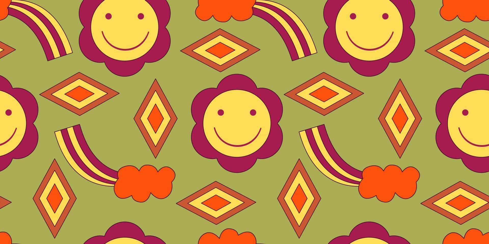 a colorful pattern with smiling faces and flowers — 1920x960 wallpaper