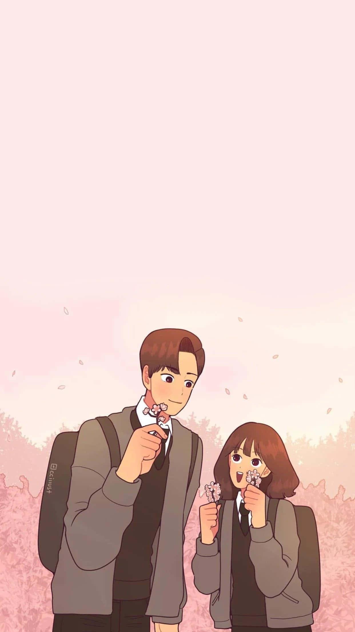 A couple tenderly embracing in a field of flowers. — 1242x2208 wallpaper