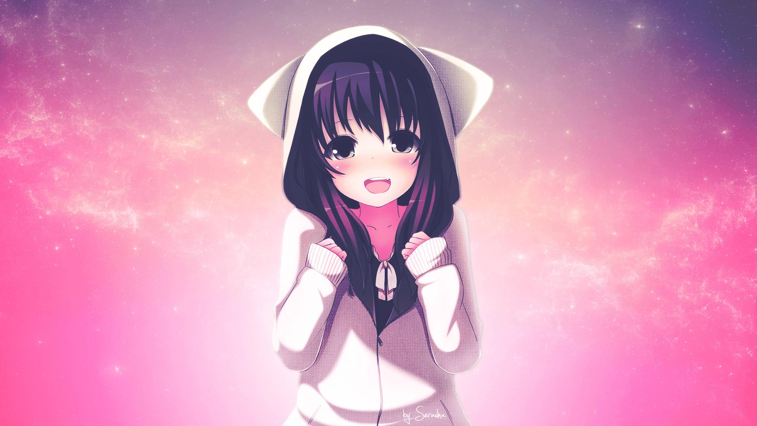 A cute anime girl in an adorable hoodie — 2560x1440 wallpaper