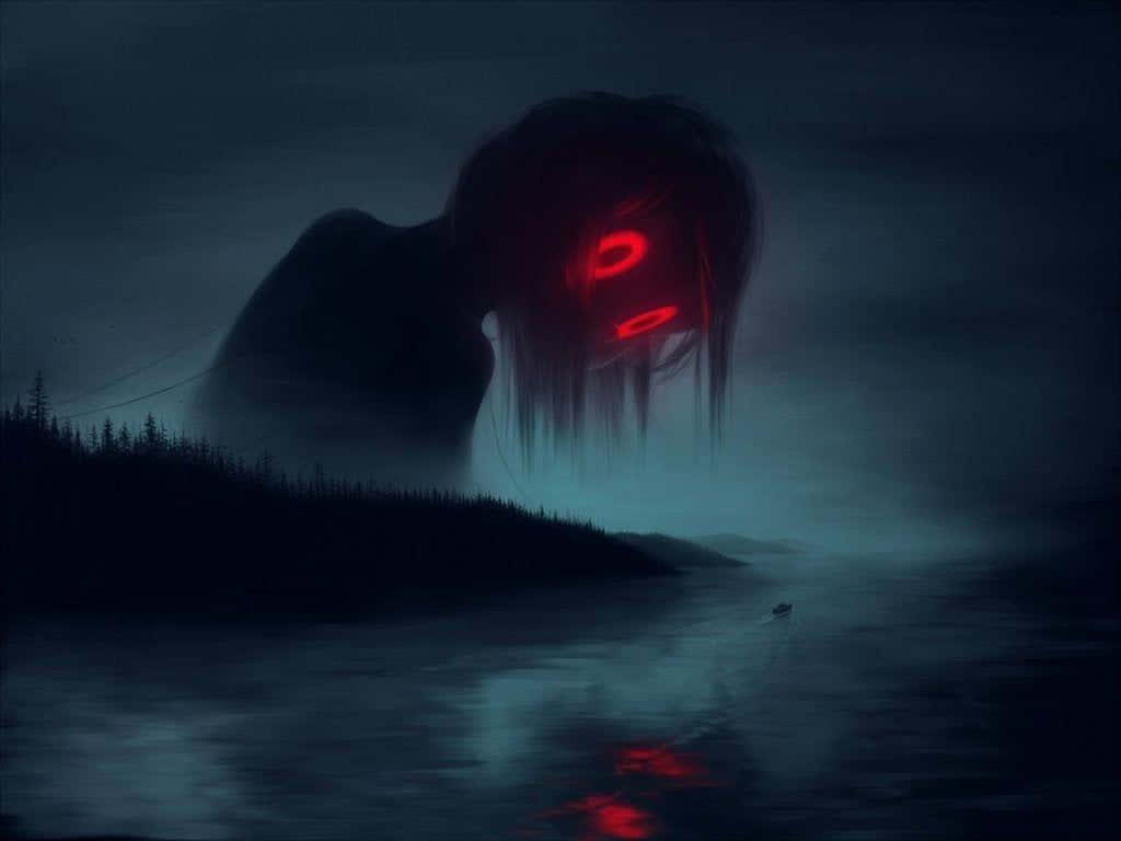 a dark painting of a creature with red eyes — 1024x768 wallpaper