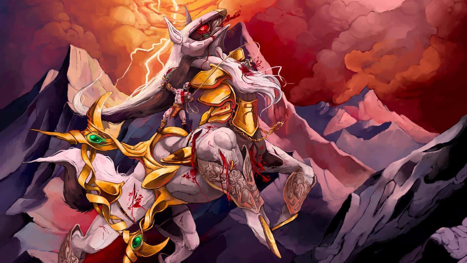 a dragon riding a horse in the mountains — 1600x900 wallpaper
