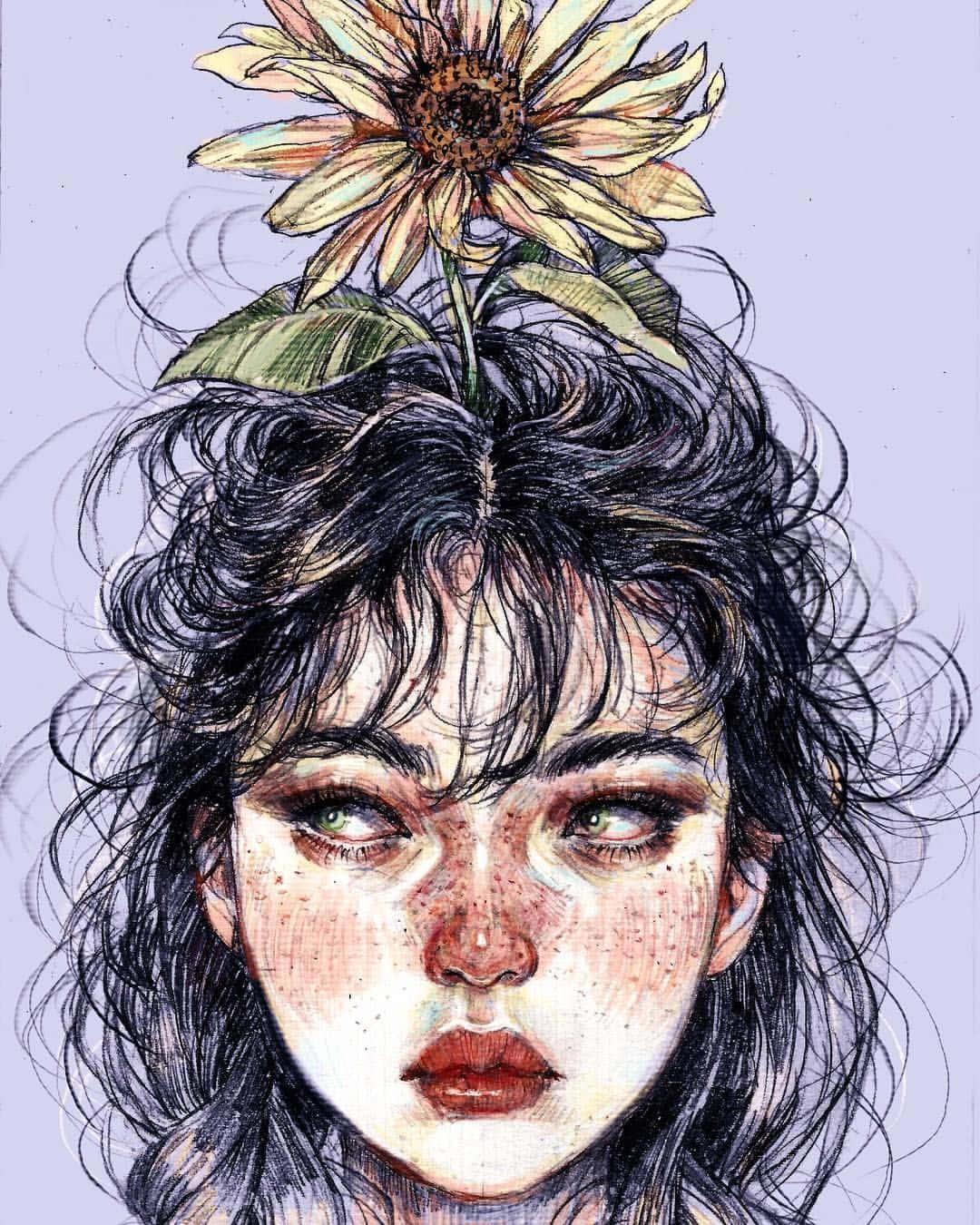 a drawing of a girl with a sunflower on her head — 1080x1350 wallpaper