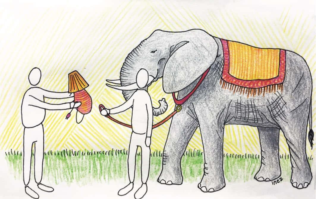 a drawing of an elephant with a man holding a hat — 1063x671 wallpaper