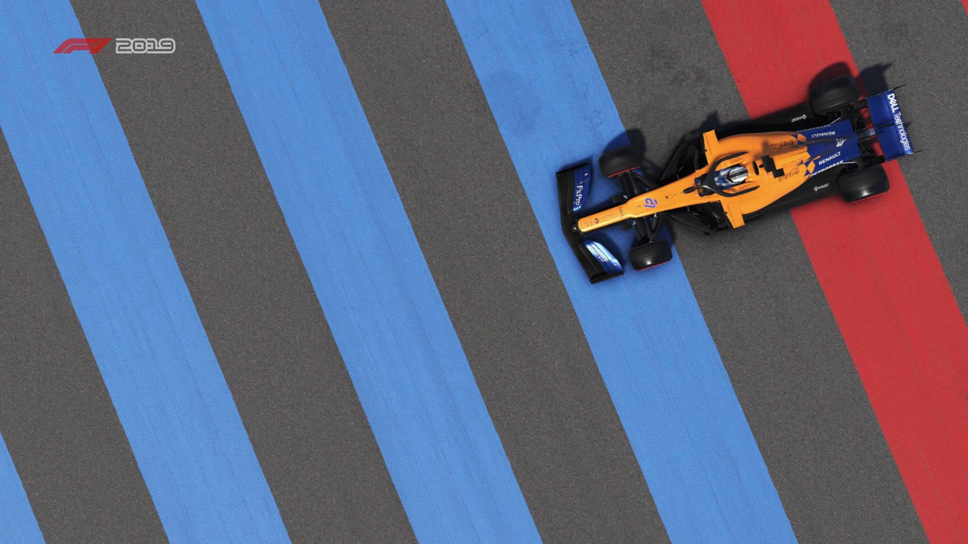 A dynamic race with McLaren F1 on red and blue track lines — 1920x1080 wallpaper