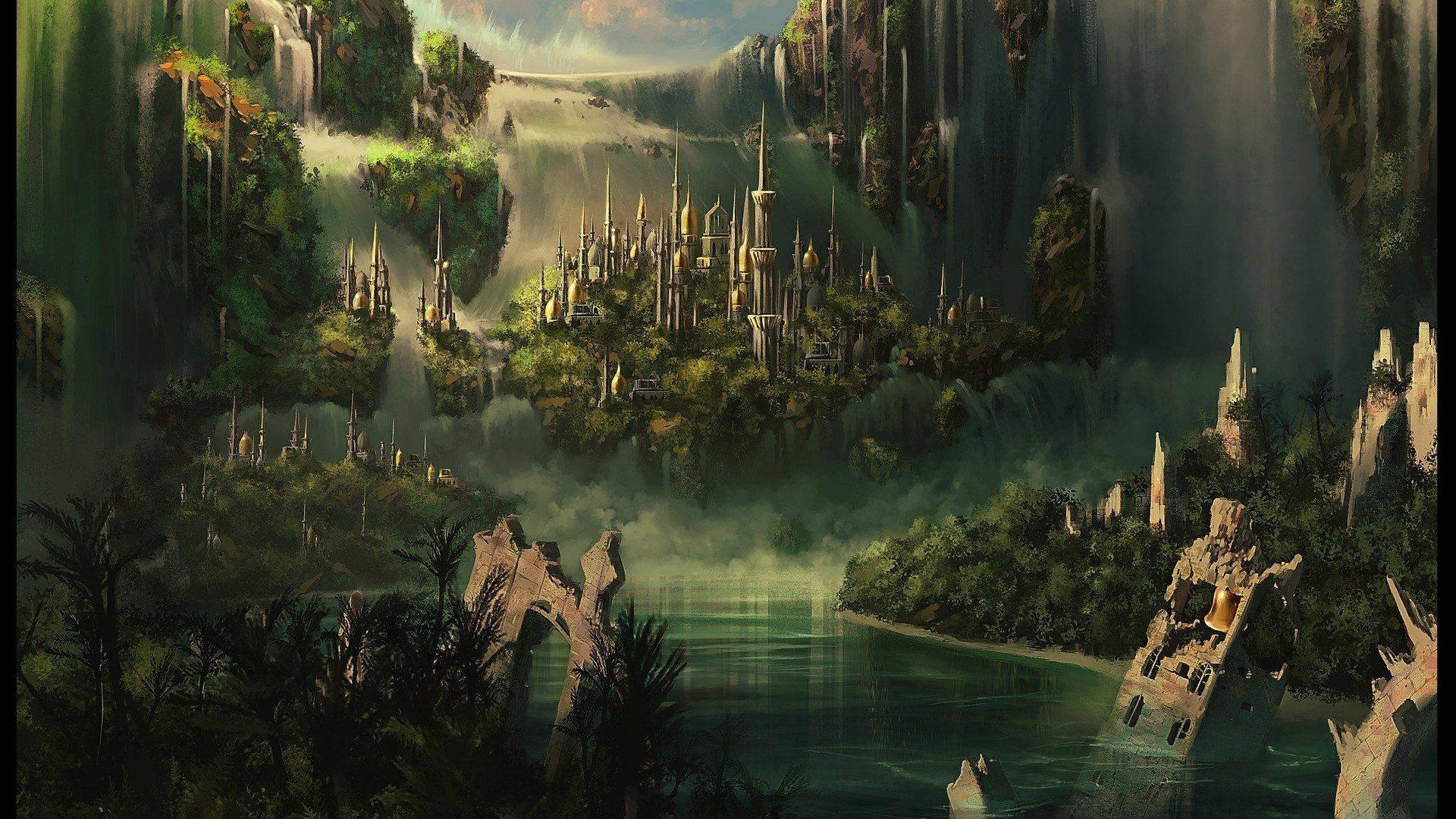 a fantasy landscape with a waterfall and trees — 1920x1080 wallpaper