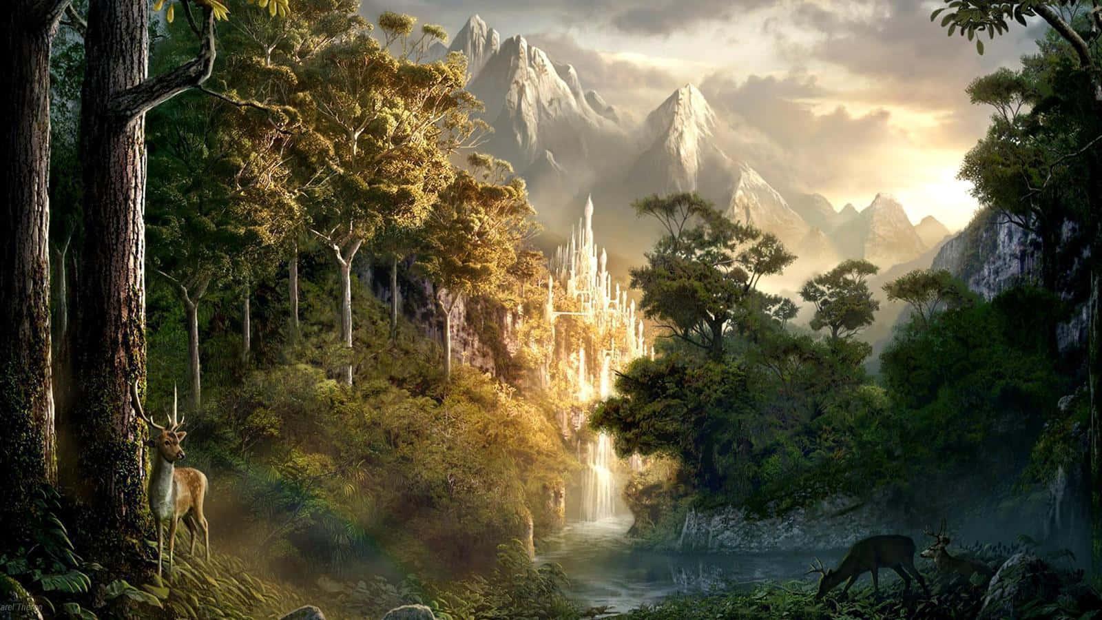 a fantasy landscape with a waterfall and trees — 1600x900 wallpaper