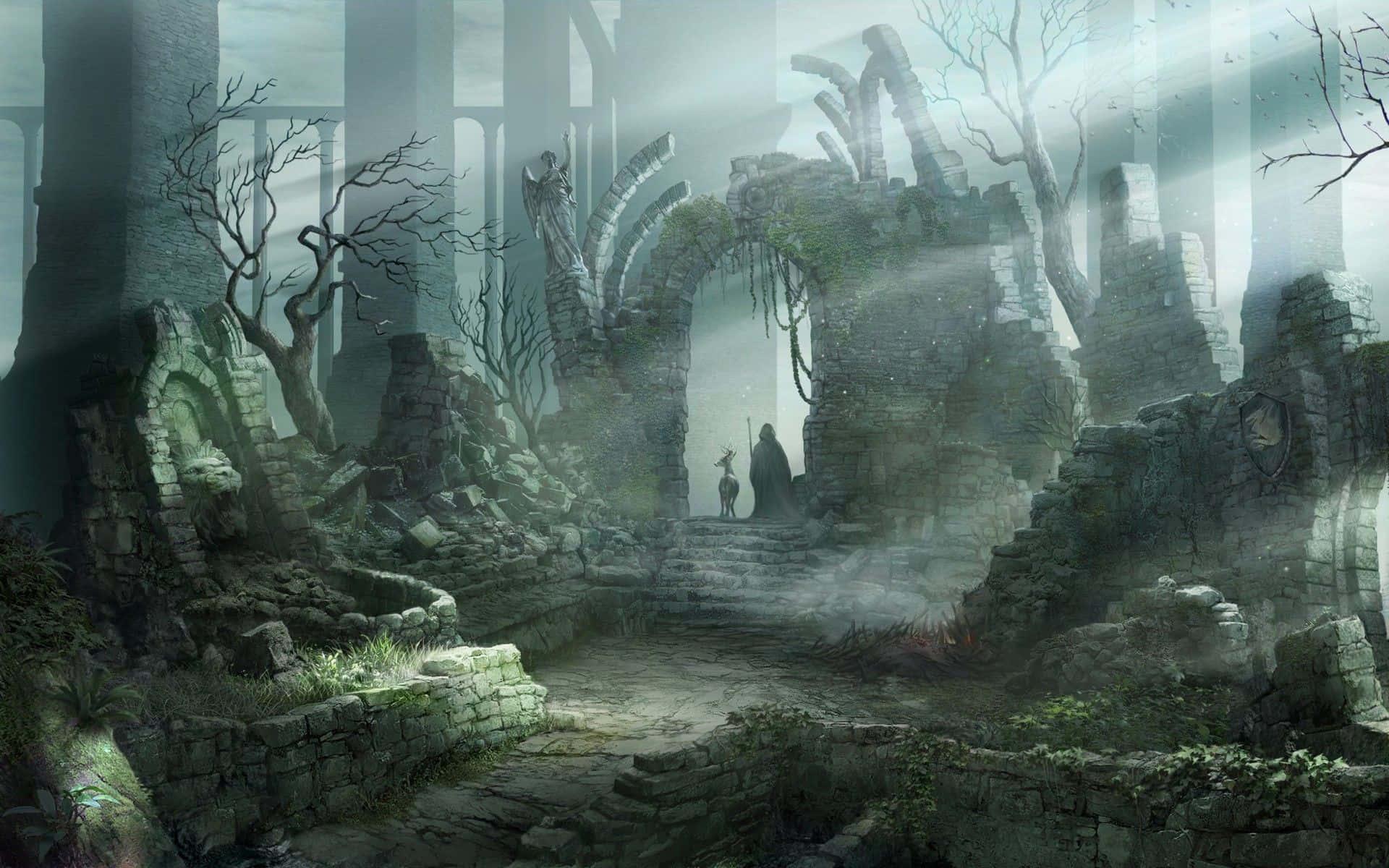 a fantasy scene with a ruined castle and trees — 1920x1200 wallpaper