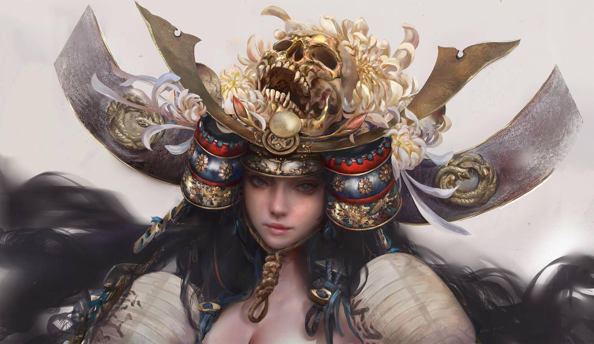 A female samurai wearing a skull headpiece — 1920x1111 wallpaper