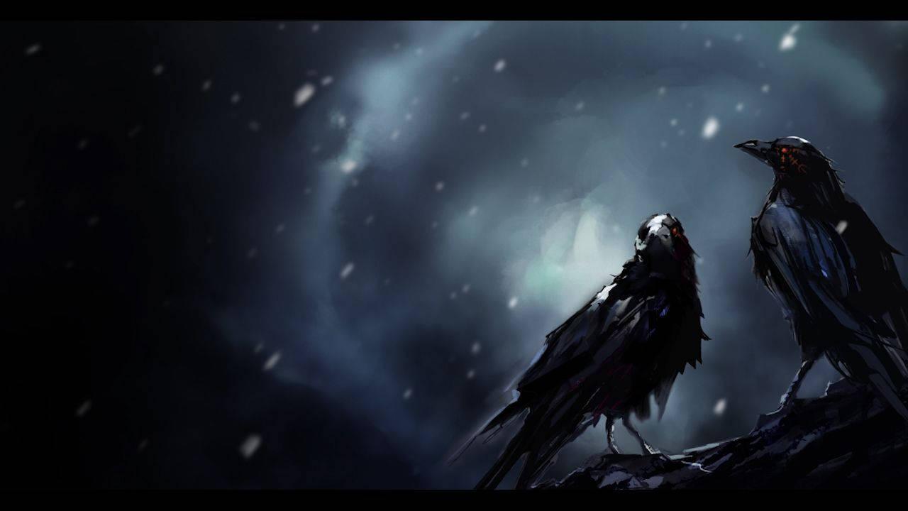 A flock of black crows descending on a tree — 1280x720 wallpaper