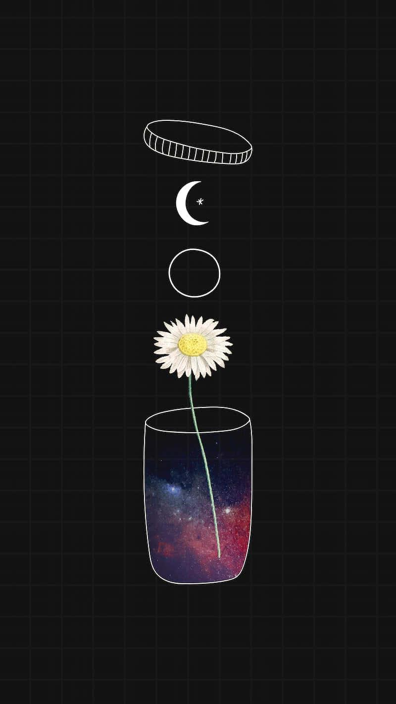 a flower in a glass with a moon and a star