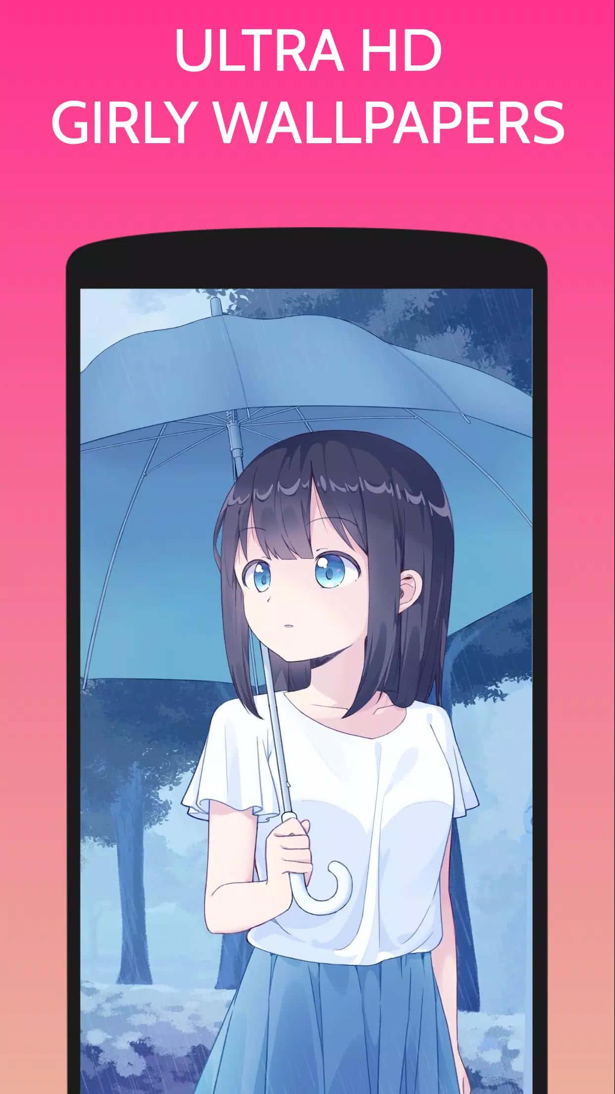 a girl holding an umbrella in front of a phone — 1242x2208 wallpaper
