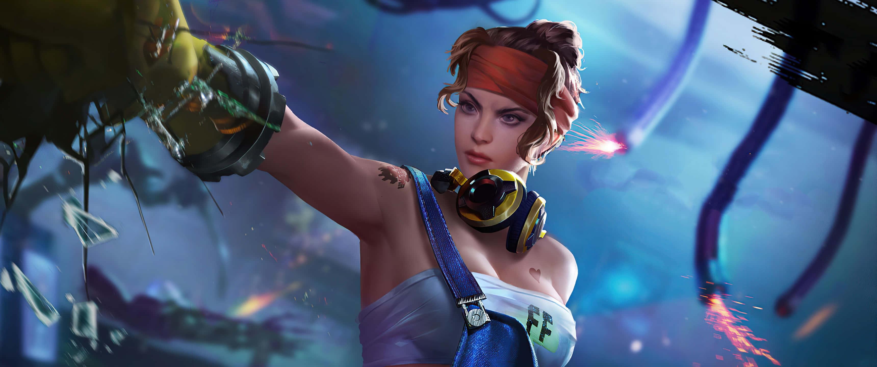 a girl in a blue dress is holding a gun — 3440x1440 wallpaper