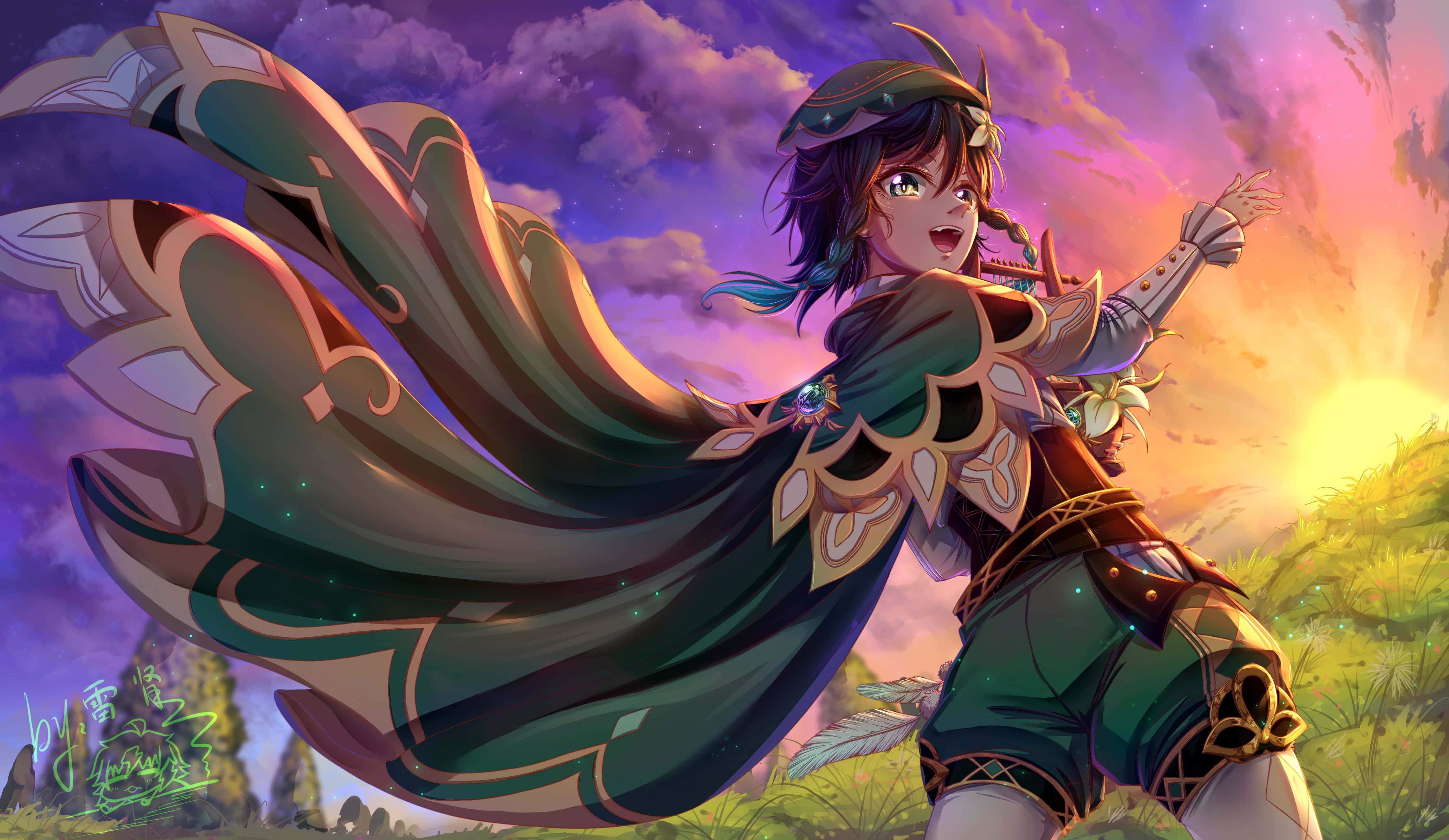 a girl in green with a cape and a sword — 5000x2900 wallpaper