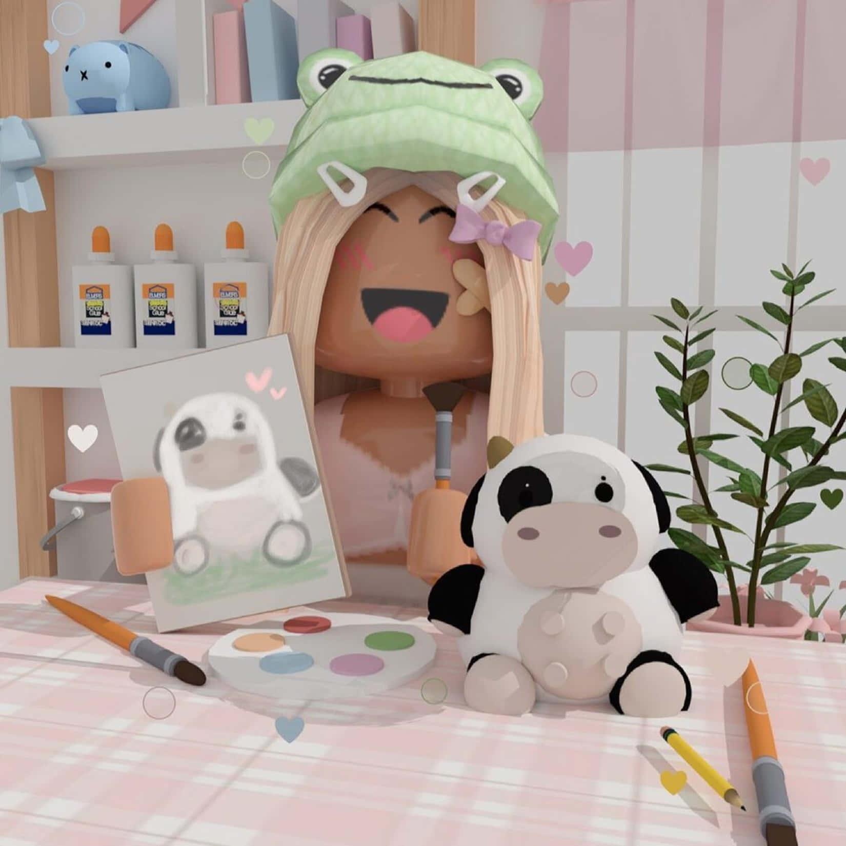 a girl is holding a stuffed animal and painting — 1650x1650 wallpaper