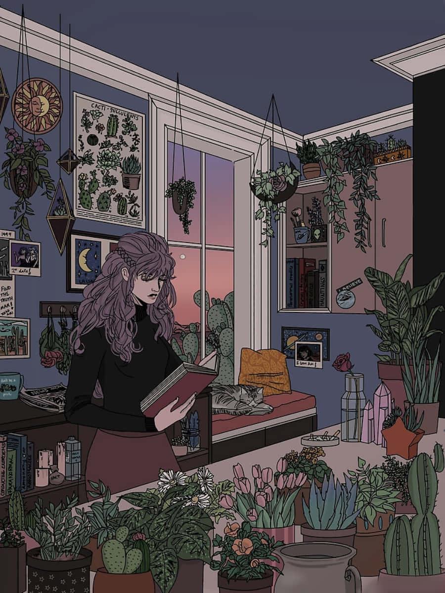 a girl is reading a book in a room full of plants — 900x1200 wallpaper