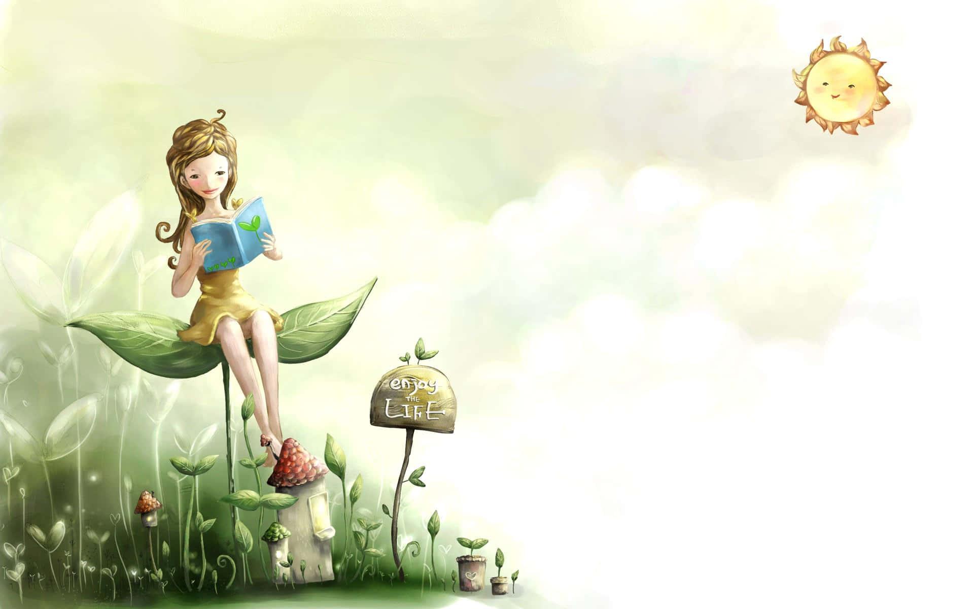 a girl is sitting on a flower and reading a book — 1920x1200 wallpaper