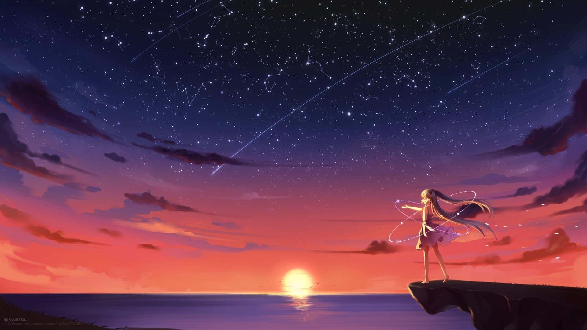 a girl is standing on a cliff looking at the stars — 1920x1080 wallpaper