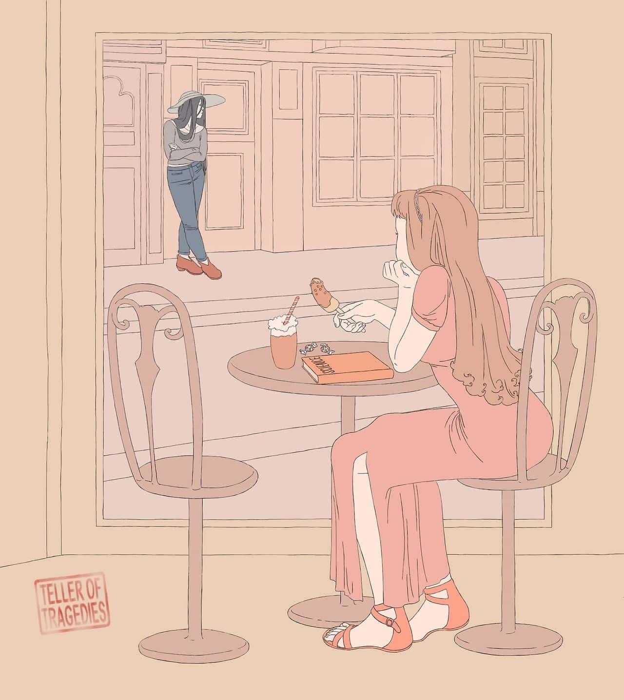 a girl sitting at a table eating a sandwich — 1280x1436 wallpaper