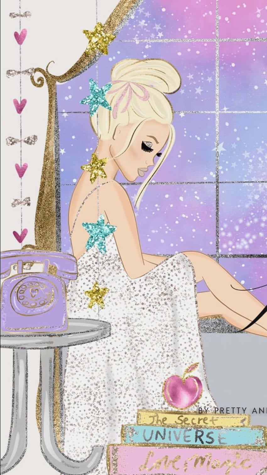 a girl sitting on a bed with a phone and a star — 850x1511 wallpaper