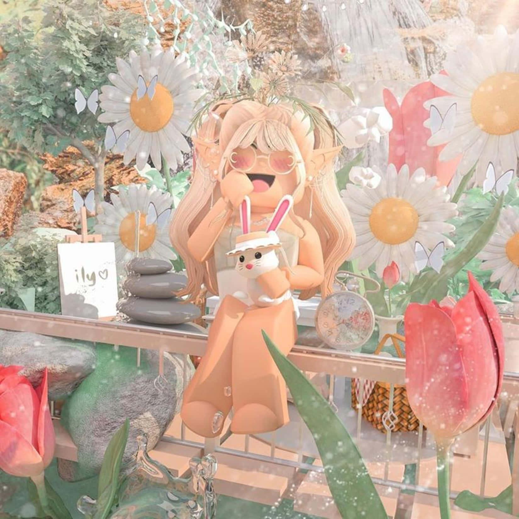 a girl sitting on a bench with flowers — 1650x1650 wallpaper