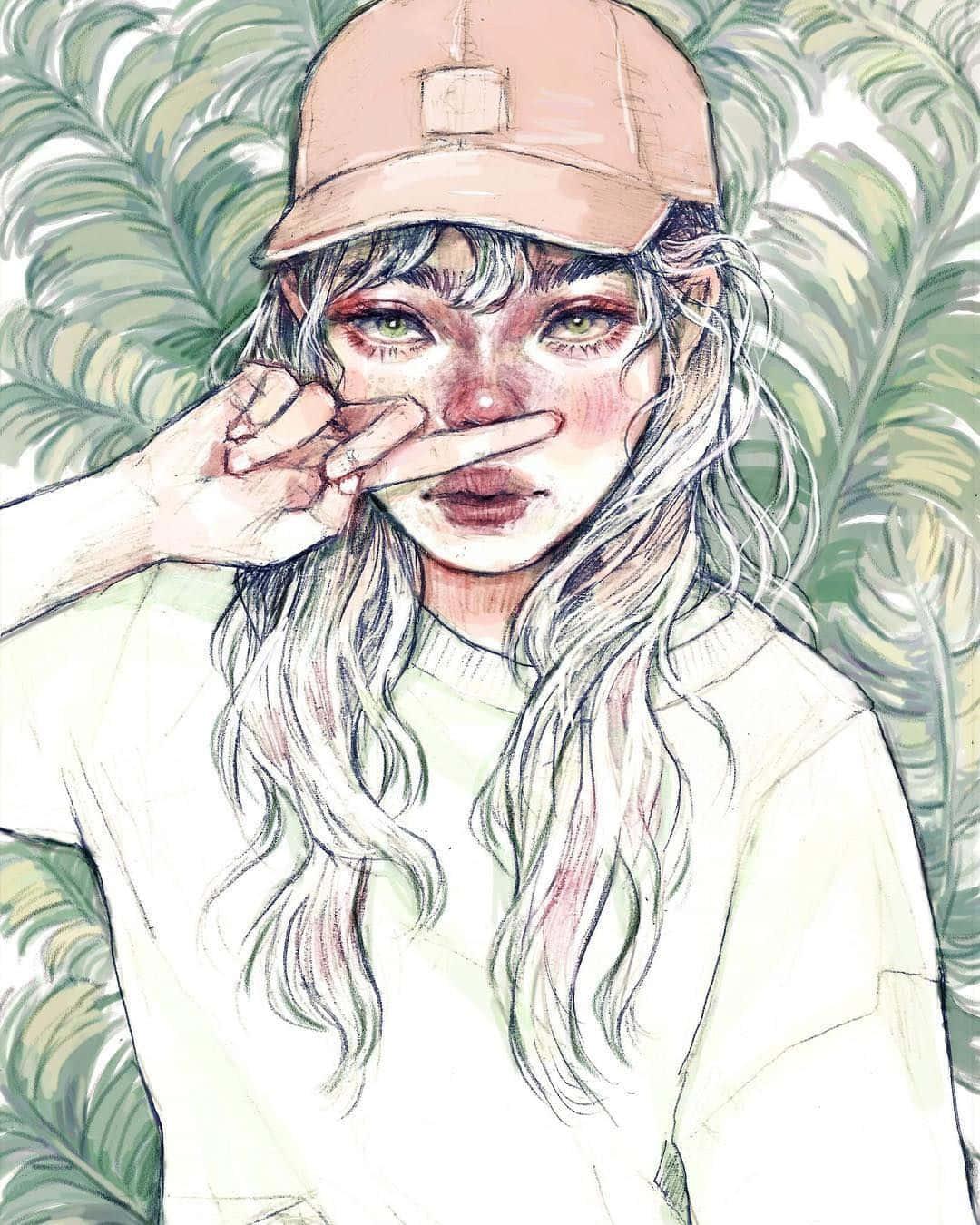 a girl with a hat and a palm tree — 1080x1350 wallpaper
