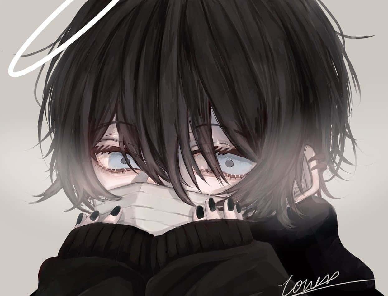 a girl with black hair and a mask covering her face — 1246x953 wallpaper